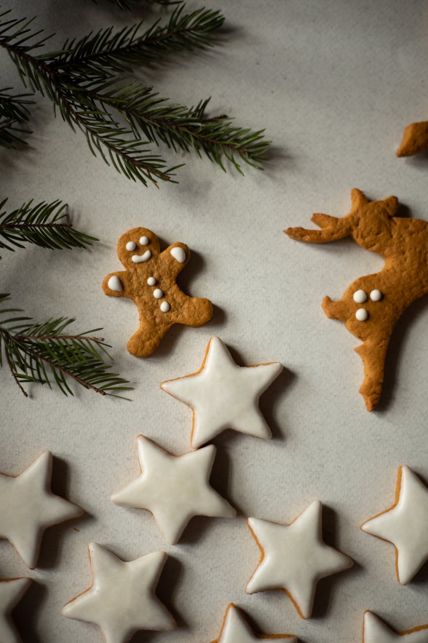 brown star shaped cookies on white and green leaves